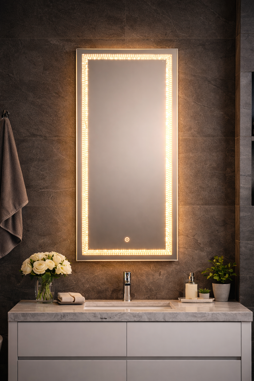 Crystal Edge Smart LED Mirror – Dimmable | 3 Light Modes | Touch Sensor