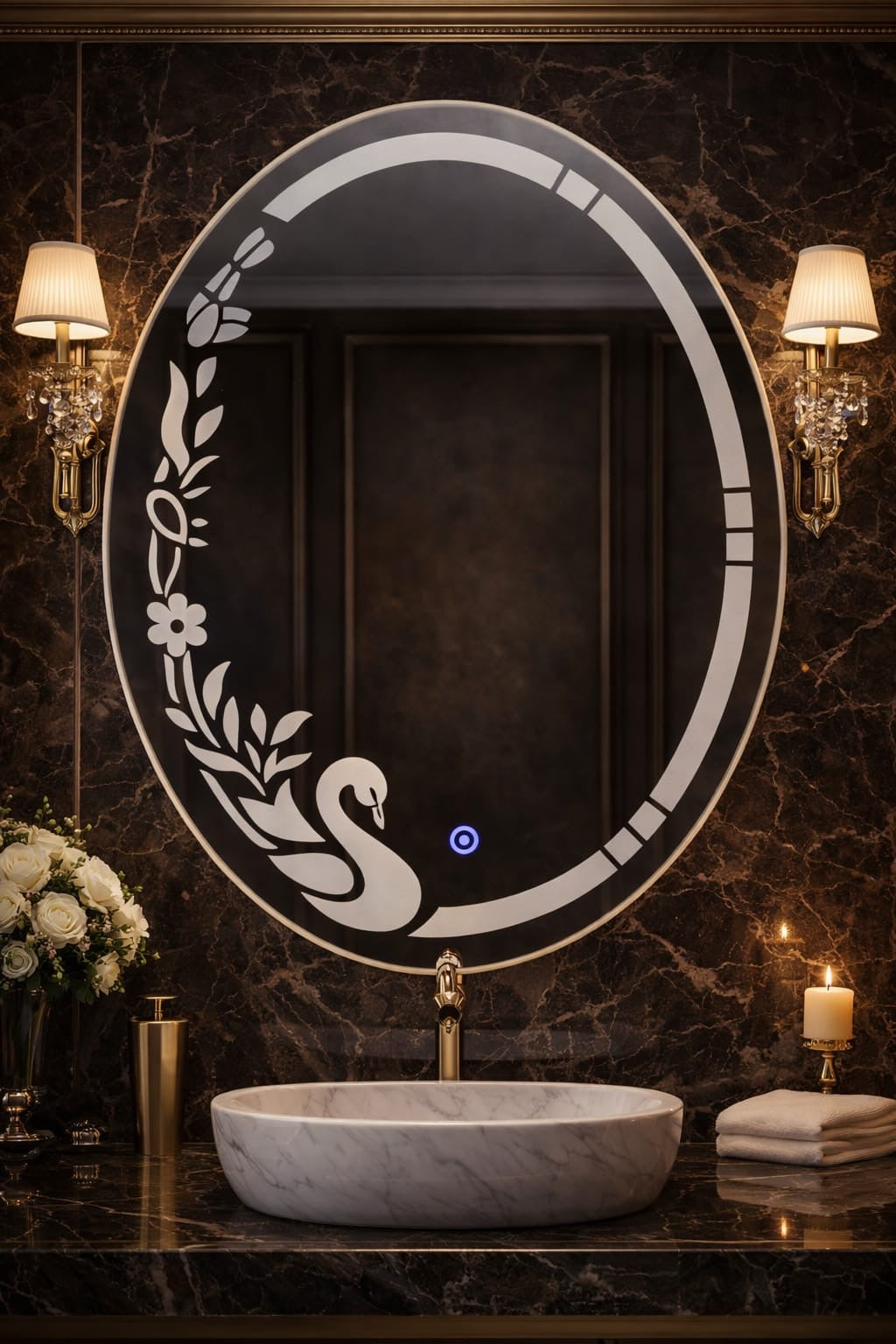 Nightglow Peacock Bloom Oval LED Mirror – After-Glow Effect | Dimmable Touch Sensor