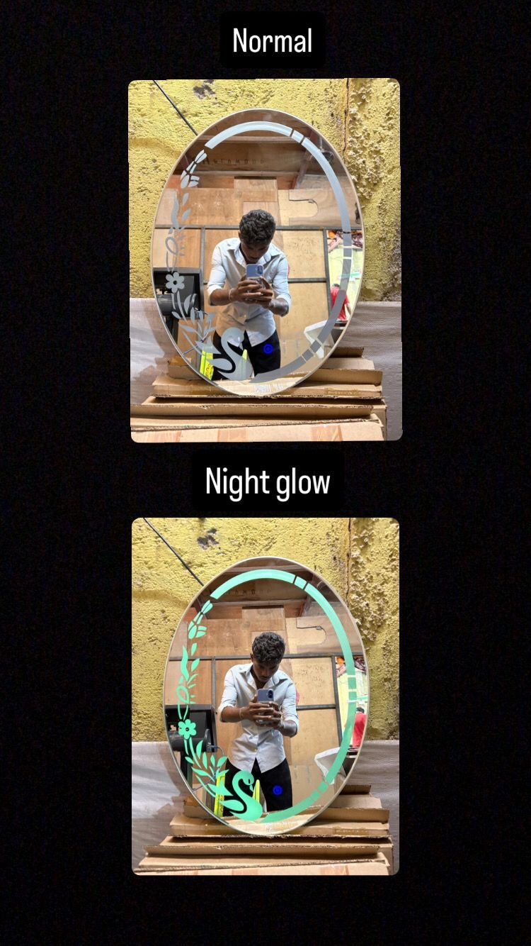 Nightglow Peacock Bloom Oval LED Mirror – After-Glow Effect | Dimmable Touch Sensor